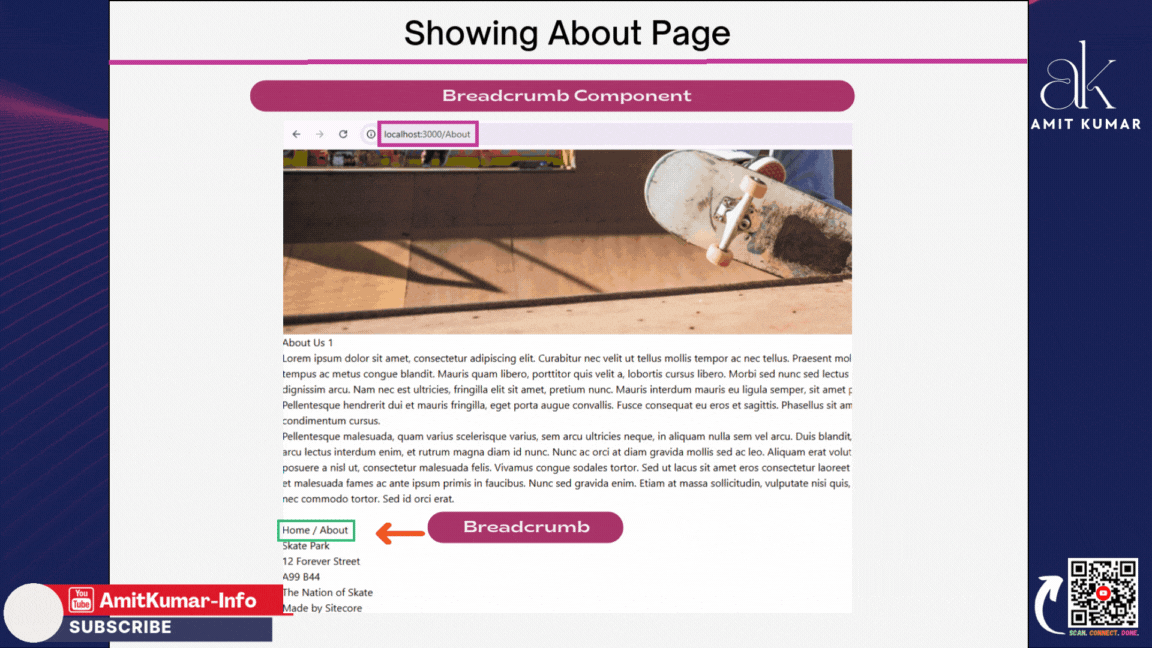 Screen recording showing dynamic wildcard page routing, breadcrumbs, and external API data integration in a Next.js App Router project using Sitecore Content SDK