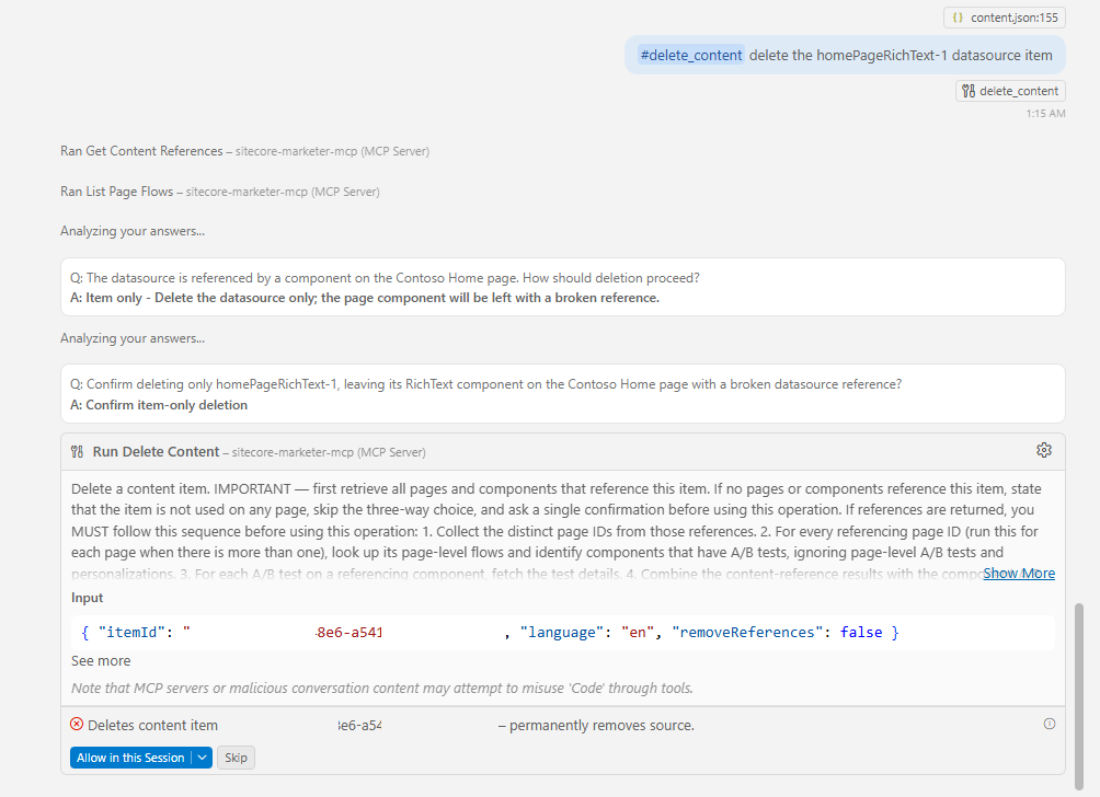Sitecore Marketer MCP Delete Content